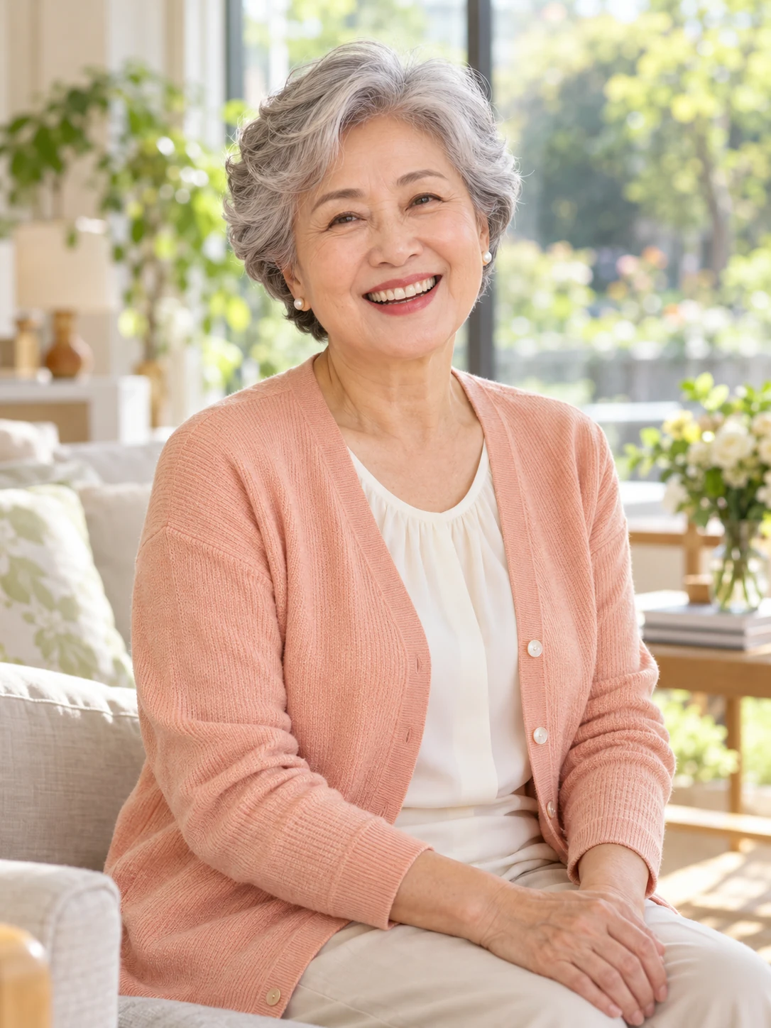 밝게 웃는 한국인 시니어 여성을 표현한 AI 인물 이미지